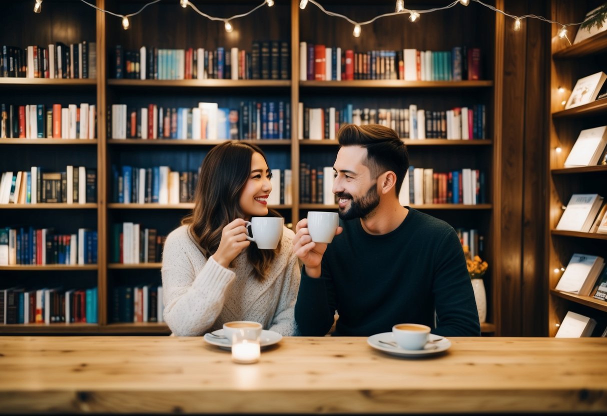 A cozy bookstore with twinkle lights, shelves of books, and a couple sitting together, sipping hot drinks and chatting