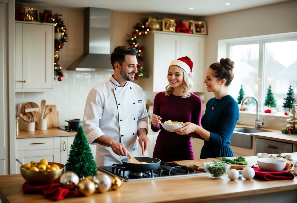 A cozy kitchen with a chef teaching a couple how to cook. Festive decorations and ingredients scattered on the counter