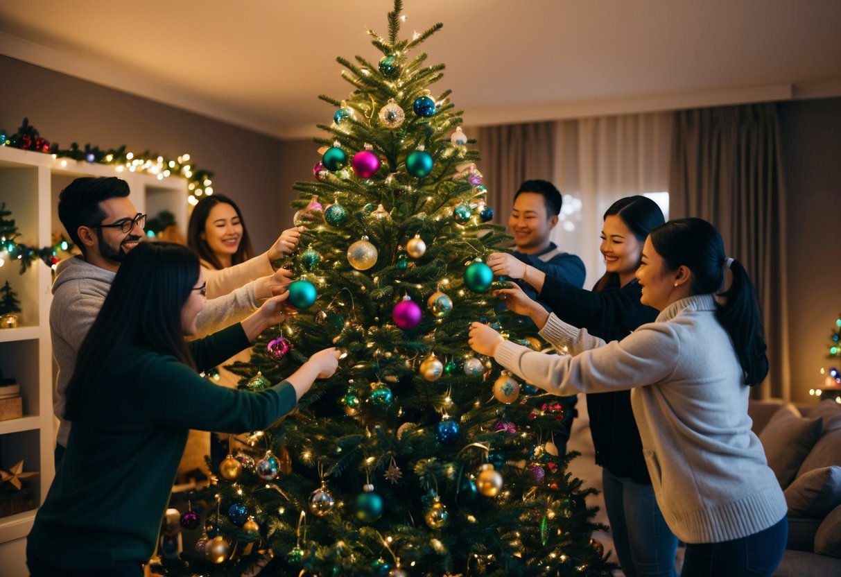 A group of volunteers decorate a festive Christmas tree together in a cozy living room filled with twinkling lights and colorful ornaments