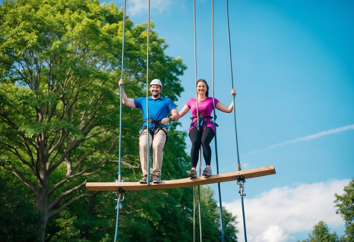 A couple navigates a high ropes course, balancing on narrow beams and swinging from ropes, surrounded by lush green trees and a bright blue sky