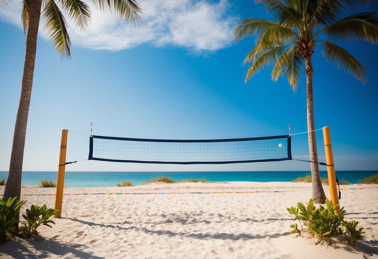 A sandy beach with a volleyball net set up, surrounded by palm trees and a clear blue sky