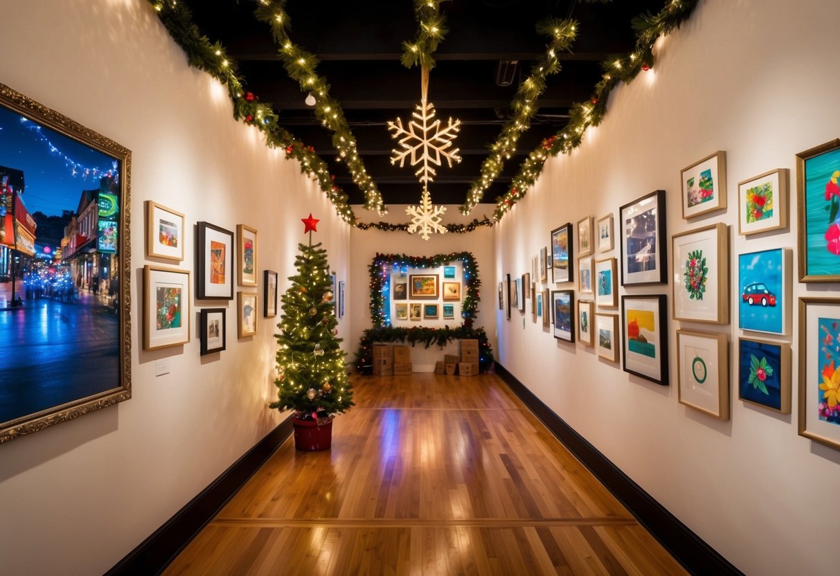 A cozy art gallery with twinkling holiday lights and festive decorations, showcasing vibrant and diverse artworks