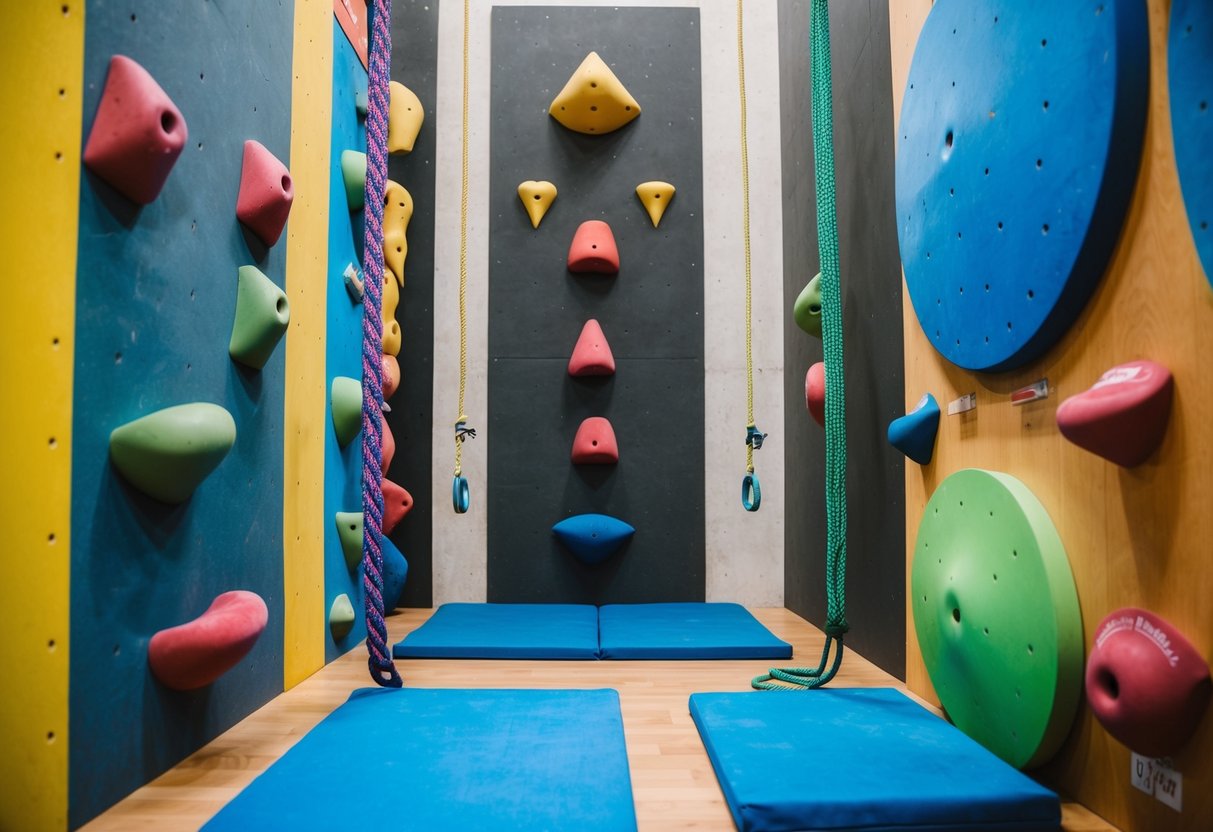 A climbing wall with colorful holds and ropes, surrounded by crash pads and safety mats