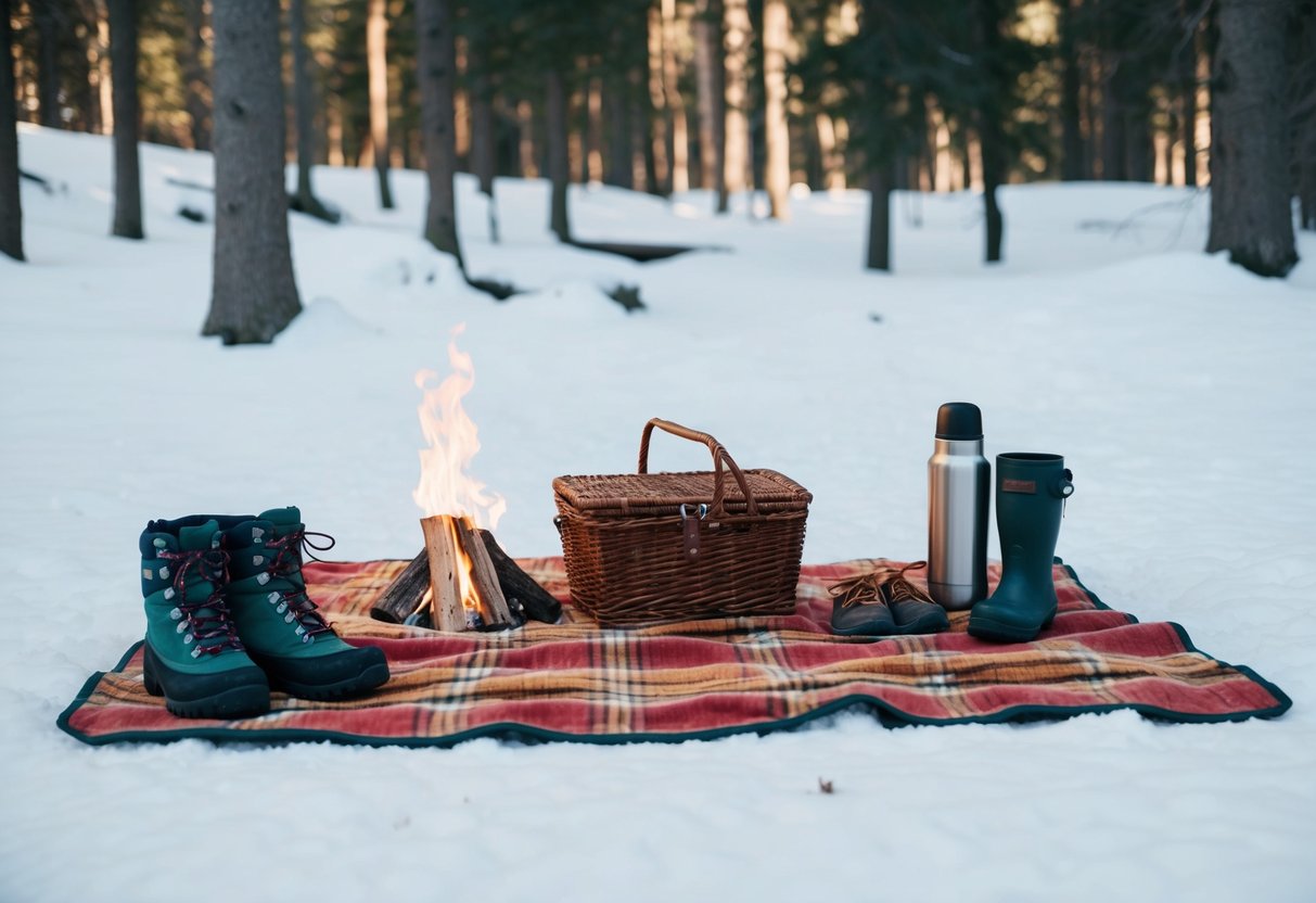 A snowy forest clearing with a blanket laid out, a picnic basket, and a thermos. A couple of hikers' boots and a small campfire