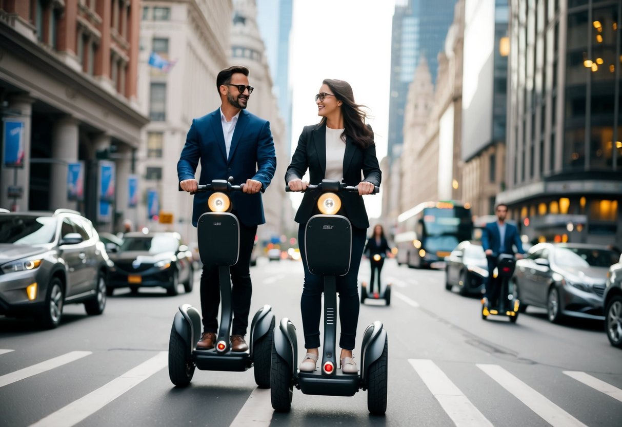 A couple rides Segways through a bustling city, passing by iconic landmarks and enjoying a fun and active first date