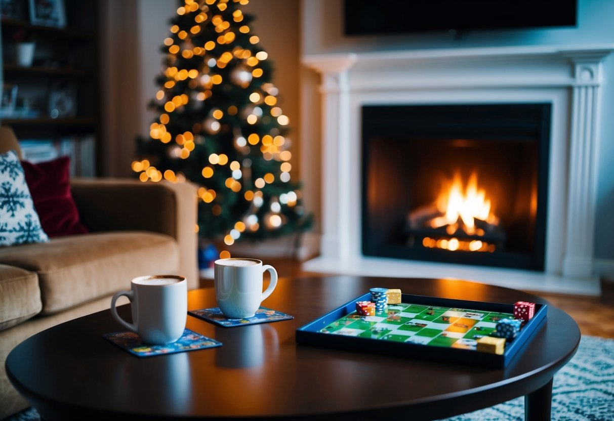 A cozy living room with a crackling fire, two mugs of hot cocoa on a table, and a board game set up for a post-holiday date night