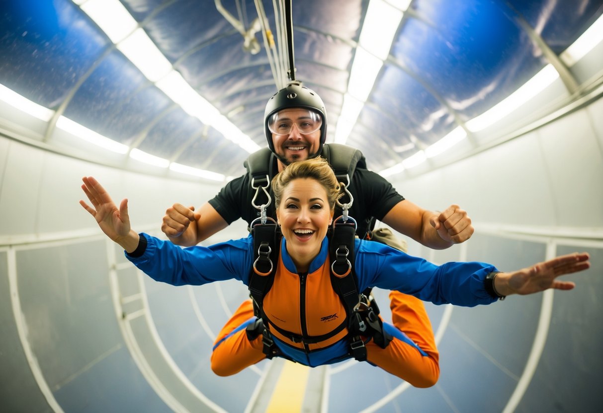 A couple floats mid-air in an indoor skydiving tunnel, surrounded by wind and excitement