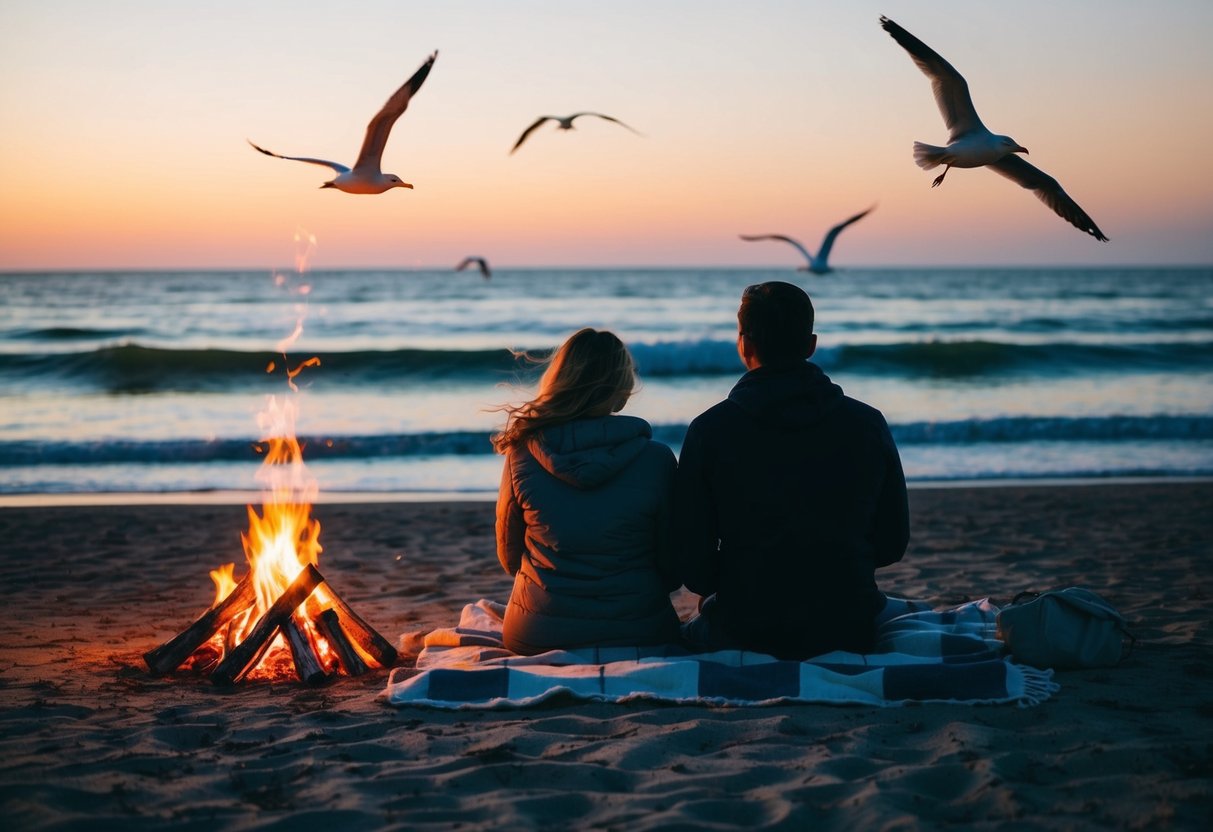 A couple sits on a blanket, watching the sunset over the ocean. A bonfire crackles nearby, casting a warm glow on the sand. Waves gently roll onto the shore as seagulls soar overhead