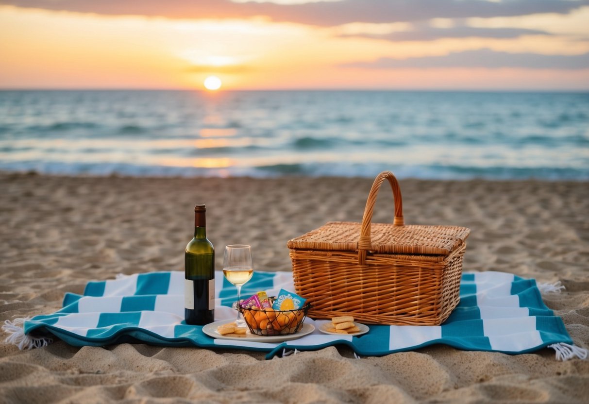 A cozy picnic blanket set up on the sandy shore, with a wicker basket filled with snacks and a bottle of wine, while the sun sets over the ocean