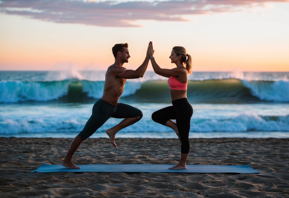 A couple practices beachfront yoga in Santa Monica, surrounded by crashing waves and a colorful sunset