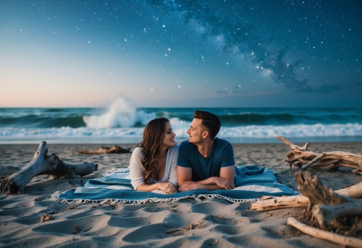 A couple lying on a blanket on the sandy beach, surrounded by driftwood and the sound of crashing waves, gazing up at the star-filled sky