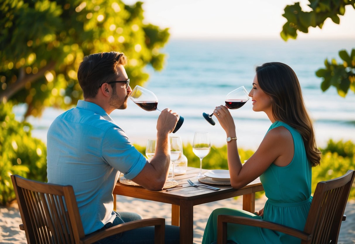 A couple sipping wine at a beachside table, overlooking the ocean and surrounded by lush greenery