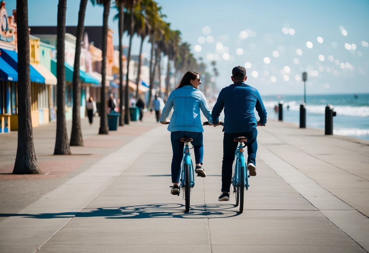 A couple rides bicycles along the bustling Venice Beach Boardwalk, with colorful buildings and palm trees lining the path. The ocean glistens in the background