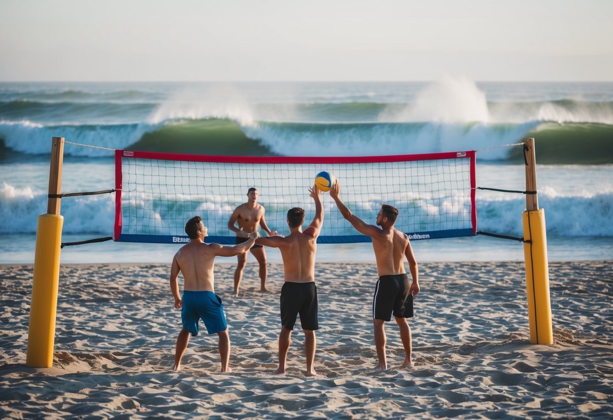 Couples playing beach volleyball in Huntington Beach with waves crashing in the background