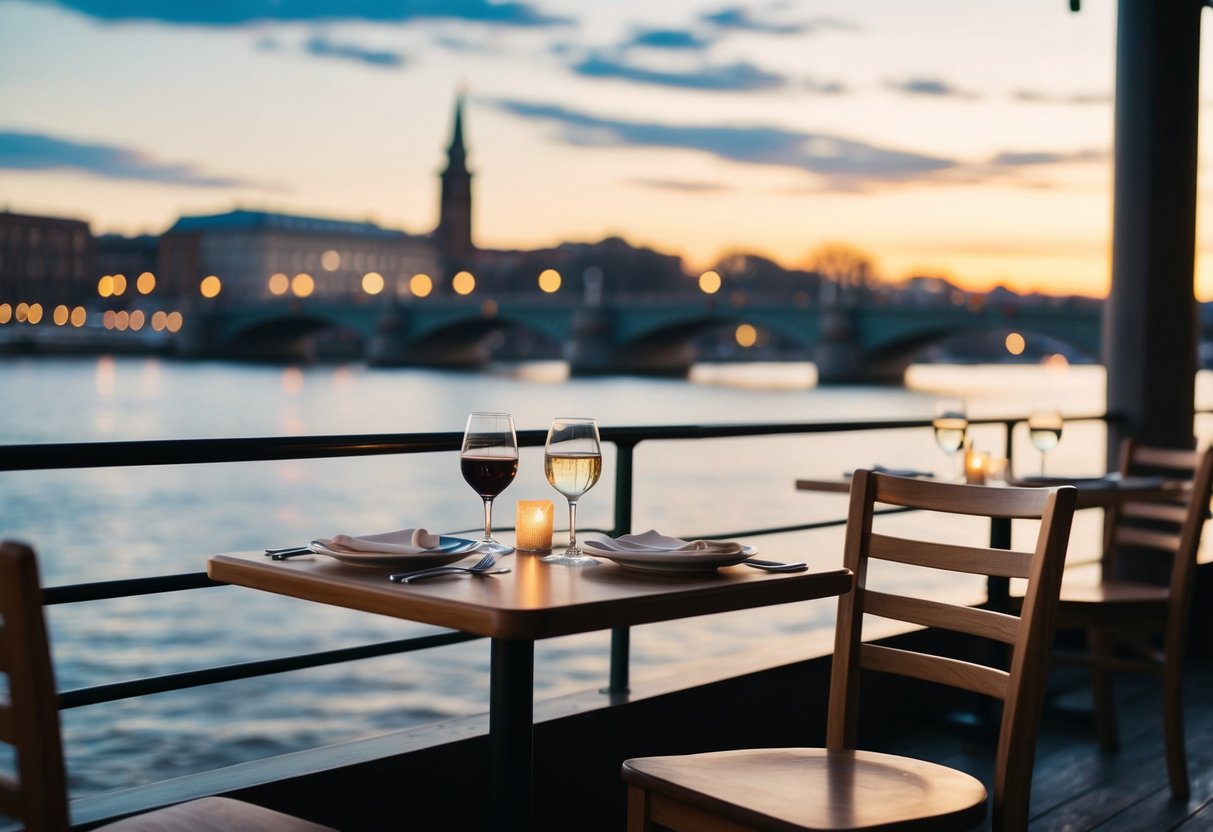 A cozy table for two by the river at Ruffino's, with soft lighting and a view of the water