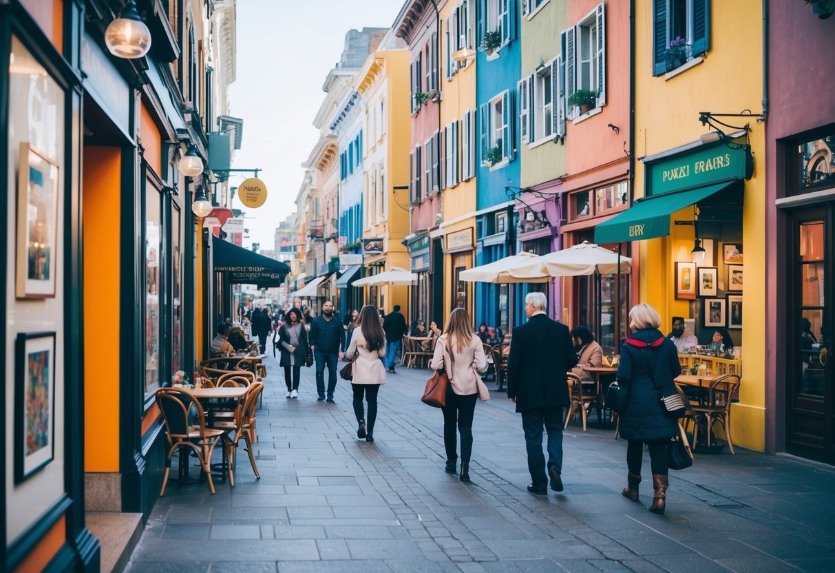 A bustling downtown street lined with colorful art galleries and lively cafes, with people strolling and admiring the artwork