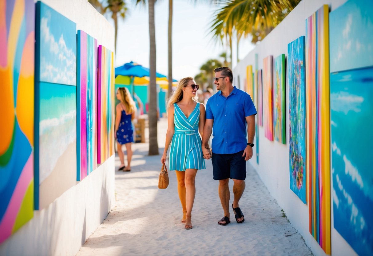 A couple strolling through a vibrant art walk near Clearwater Beach, surrounded by colorful paintings and sculptures