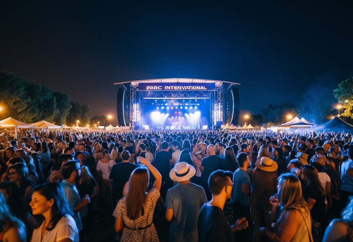 Crowd at Parc International, music fills the air, lights illuminate the stage, people dancing and enjoying the concert