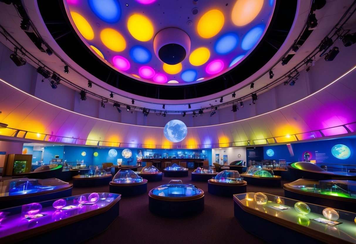 The Lafayette Science Museum's planetarium glows with colorful lights, while interactive exhibits fill the space, creating a lively and educational atmosphere