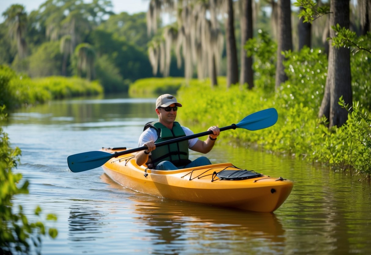 A kayak glides through the calm waters of Bayou Vermilion, surrounded by lush greenery and the serene beauty of Lafayette, Louisiana