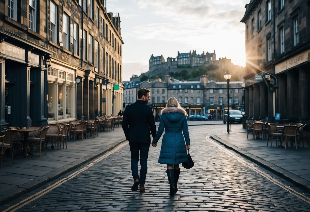 A couple walking along the cobblestone streets of Edinburgh, passing by historic buildings and quaint cafes. The sun sets behind the silhouette of the castle on the hill