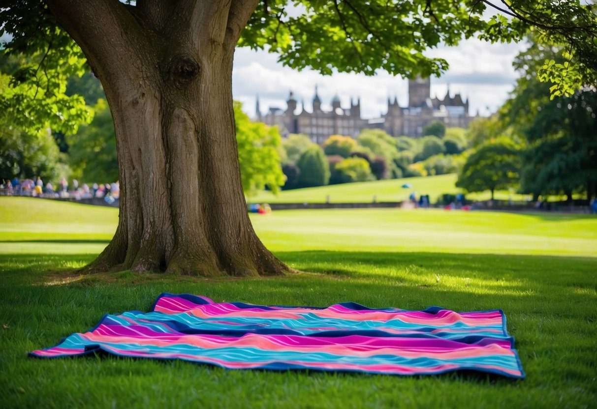 A colorful picnic blanket spread out under the shade of a large tree, surrounded by lush greenery and the picturesque backdrop of Holyrood Park in Edinburgh