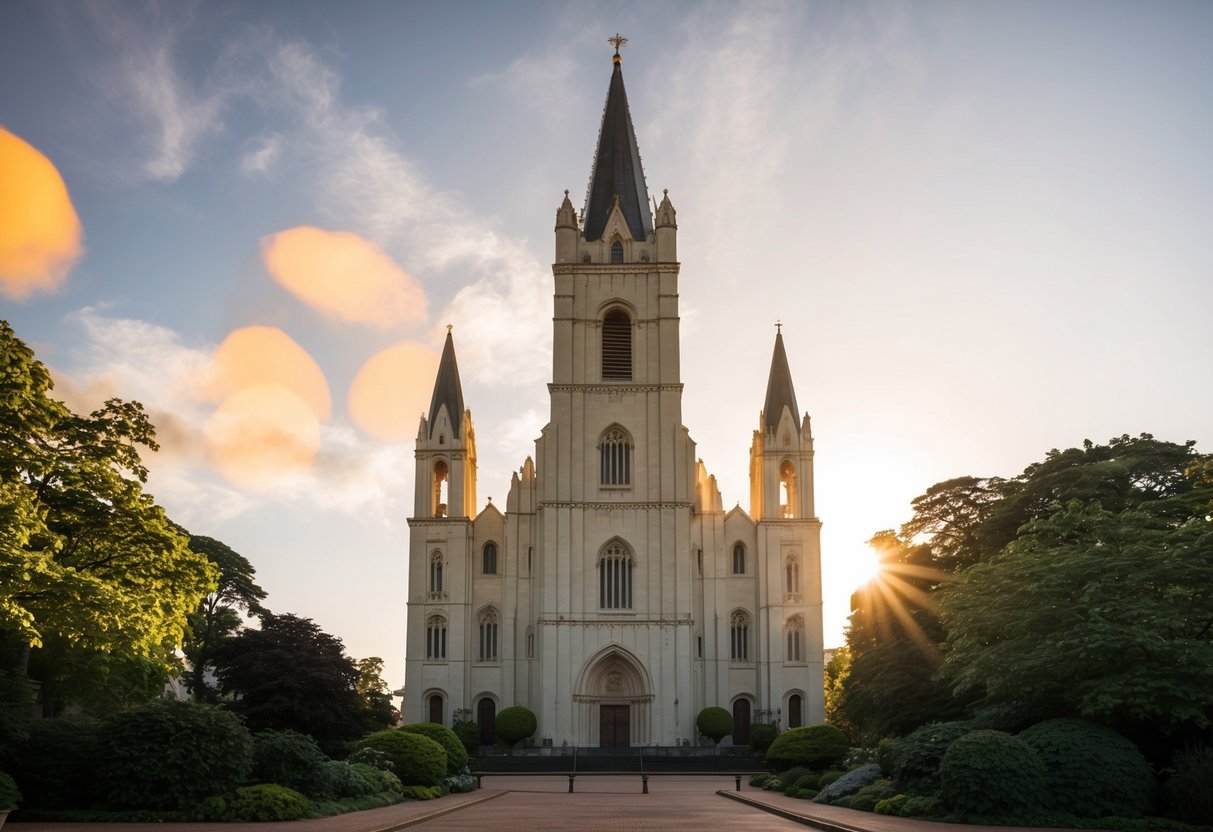 The Cathedral of St. John the Evangelist stands tall and majestic, surrounded by lush greenery and bathed in warm sunlight