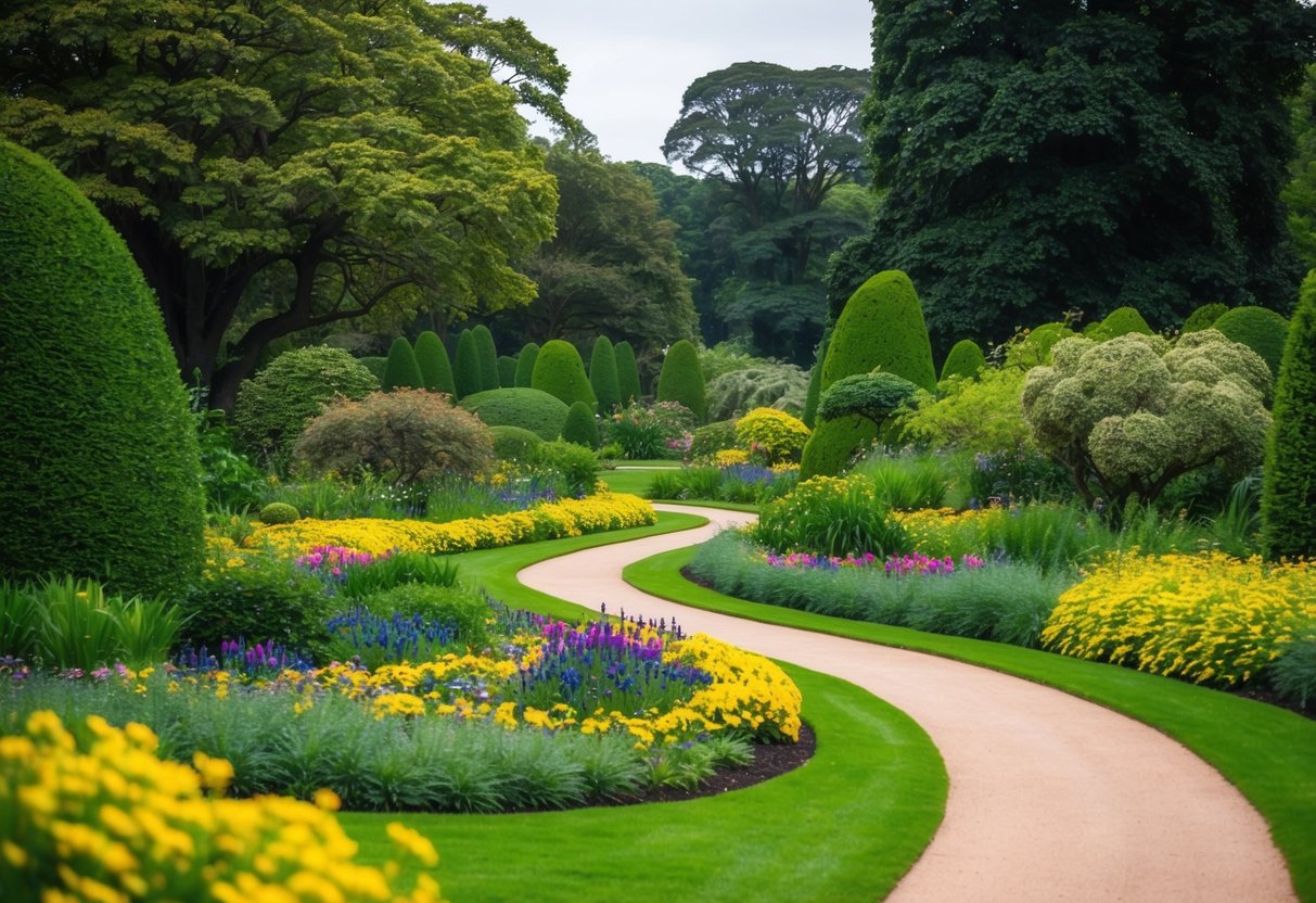 Lush greenery surrounds a winding path through Royal Botanic Garden, with colorful flowers and towering trees creating a serene atmosphere