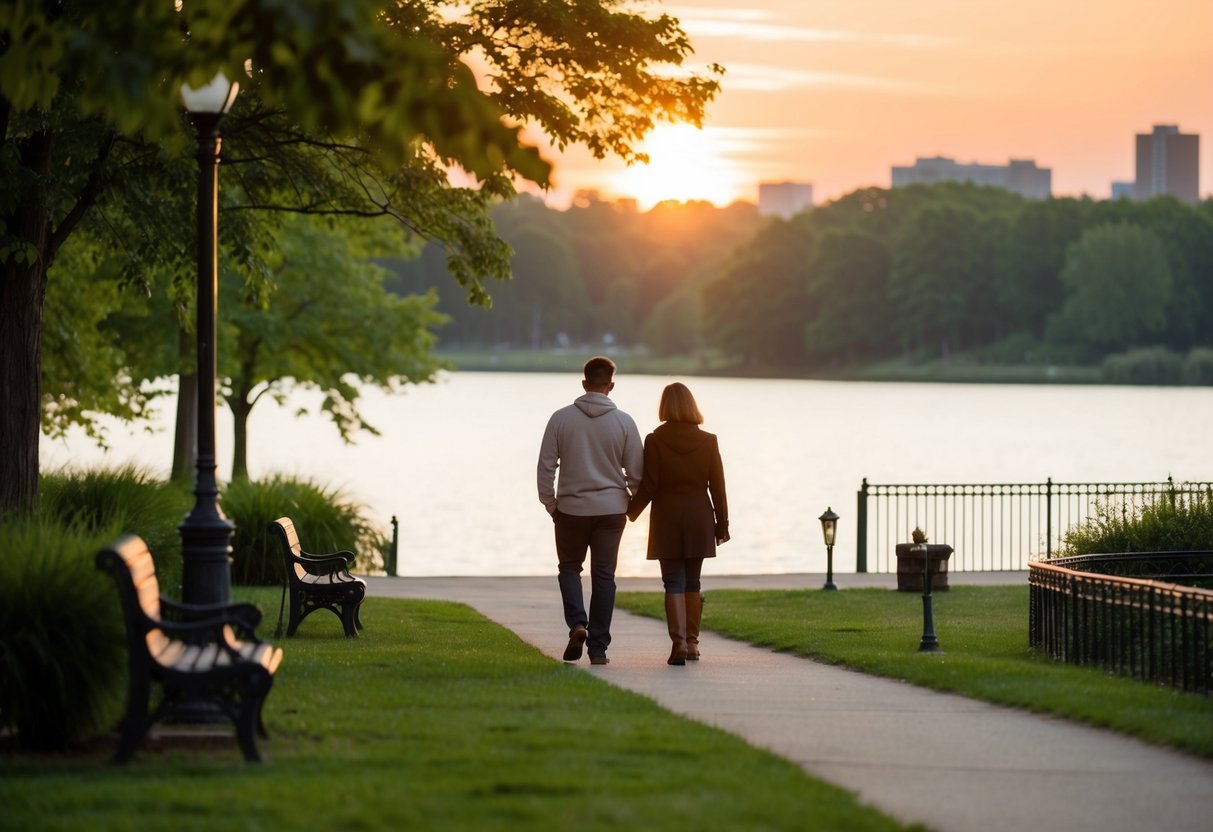 A couple walks through Girard Park, surrounded by lush greenery and a serene lake. The sun sets in the distance, casting a warm glow over the peaceful scene