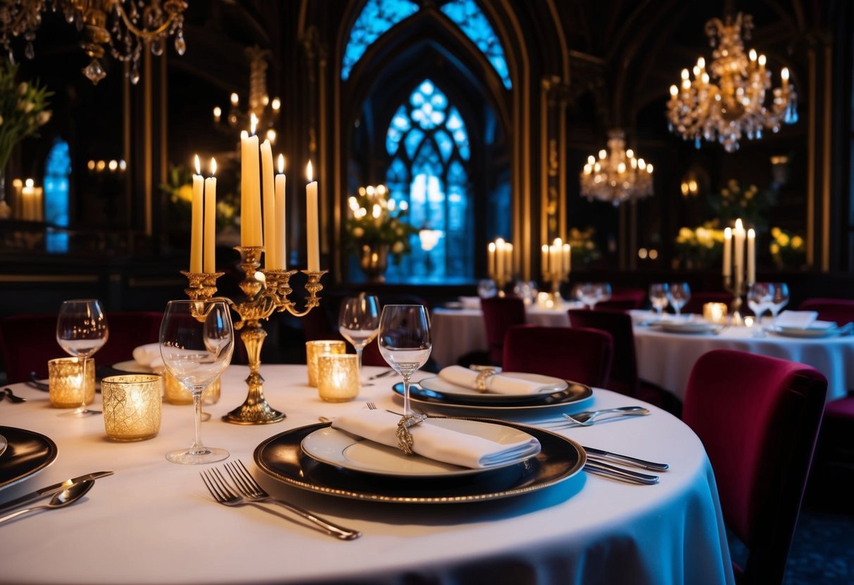 A candlelit table set with elegant dinnerware, surrounded by the opulent and gothic decor of The Witchery restaurant in Edinburgh