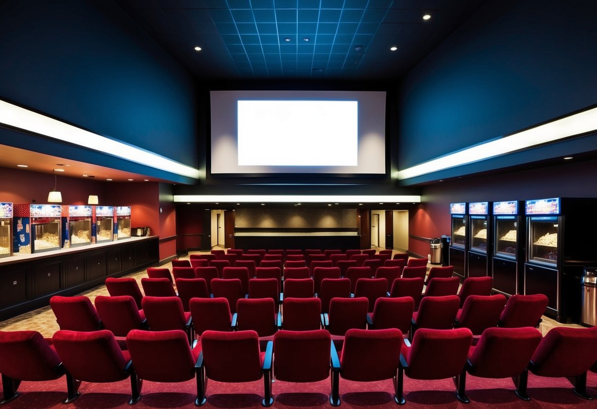 A dimly lit movie theater with rows of red velvet seats and a large screen at the front. Snack bar and popcorn machines in the lobby