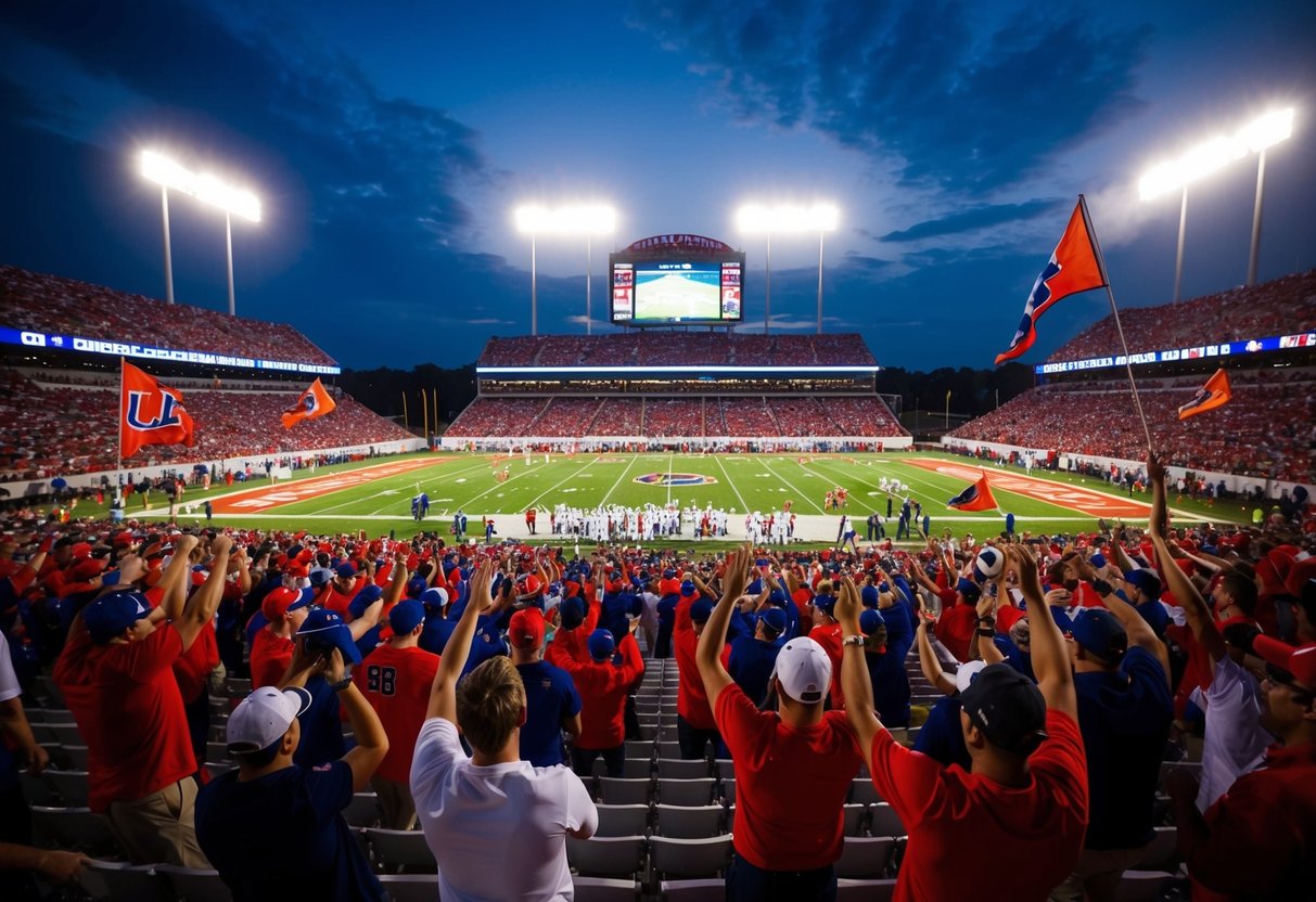 Crowds fill the stadium, cheering and waving flags. The field is lit up with bright lights as players compete in a UL Lafayette sporting event