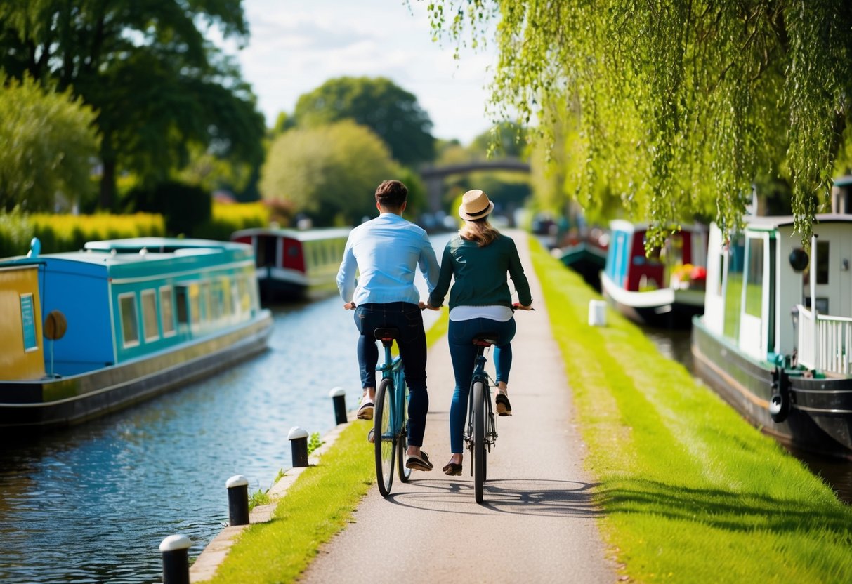 A couple cycles along the tranquil Union Canal, passing by colorful houseboats and overhanging trees