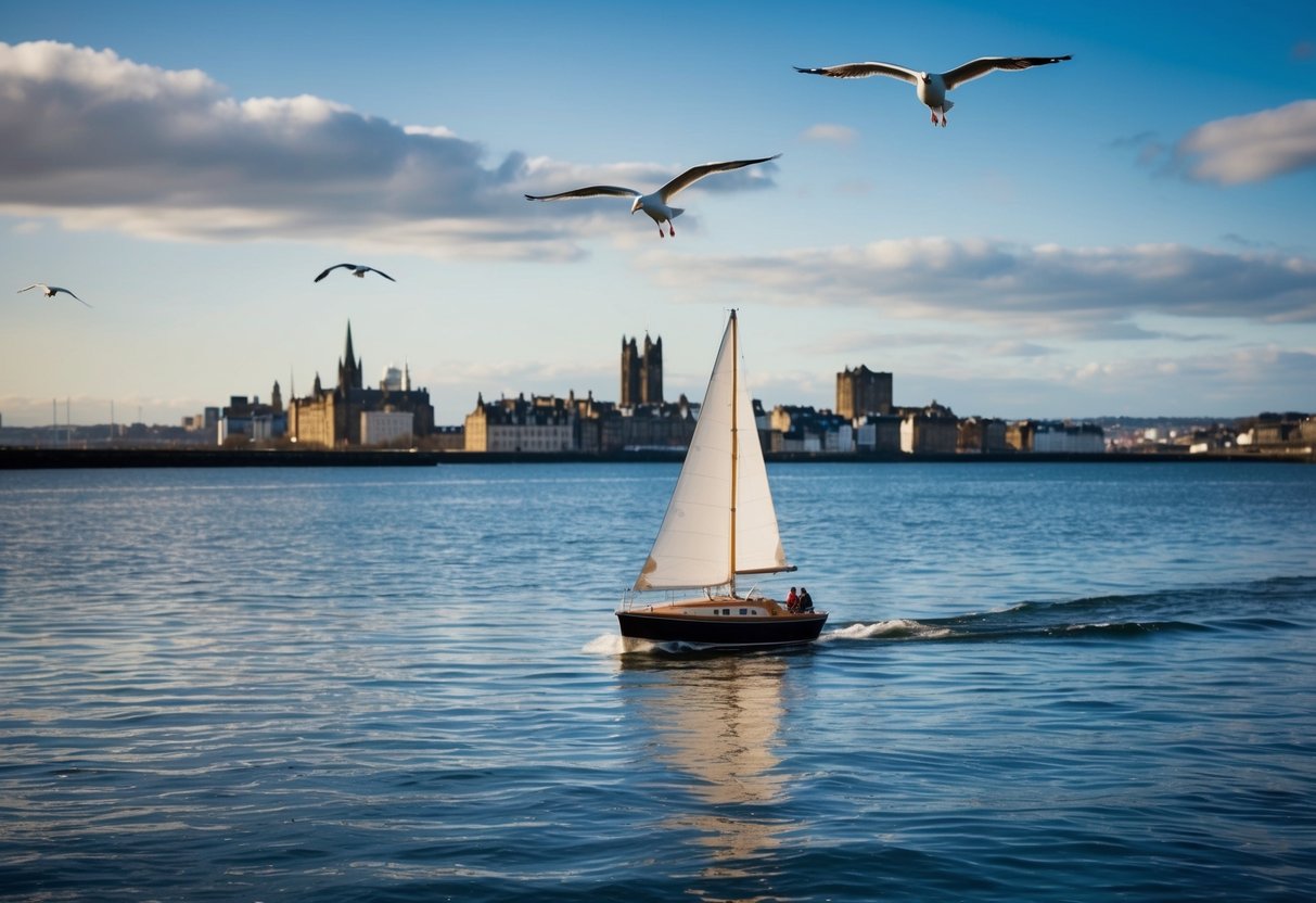 A small boat sails on the calm waters of the Firth of Forth, with the Edinburgh skyline in the background and seagulls flying overhead