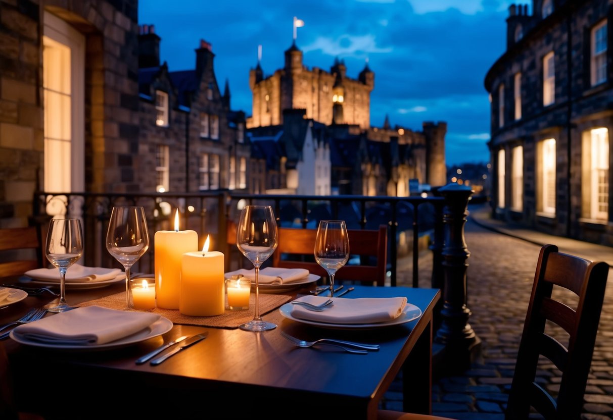 A cozy candlelit dinner overlooking Edinburgh Castle, with cobblestone streets and historic buildings in the background