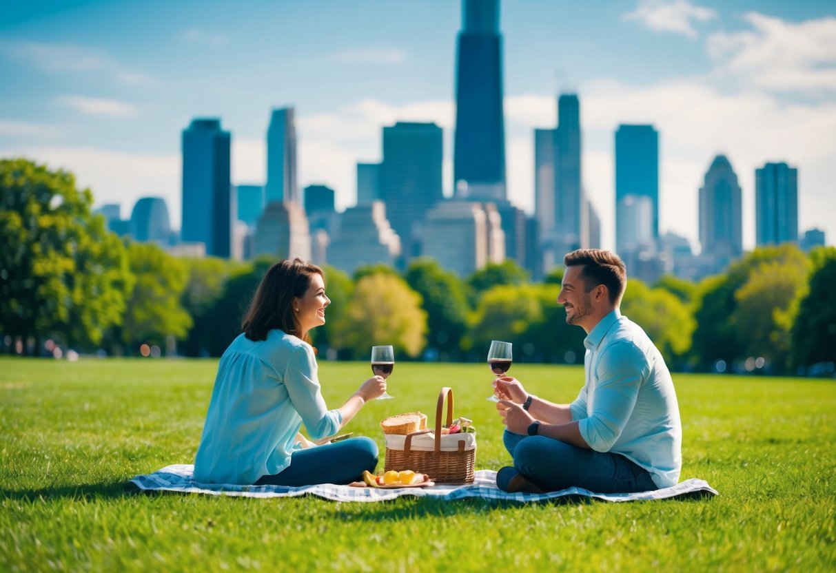A couple picnicking in a lush park with a city skyline in the background