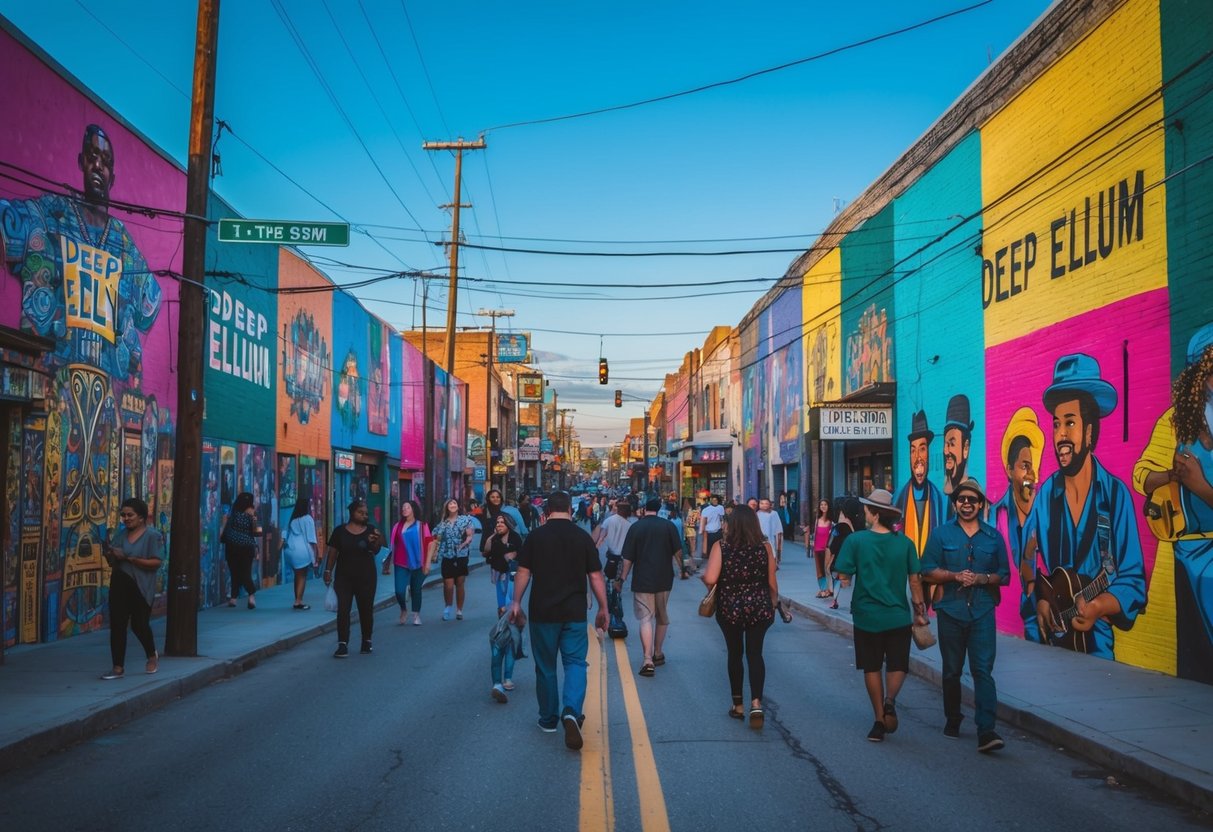 Colorful murals line the streets of Deep Ellum, as people stroll and admire the vibrant artwork. The sound of live music fills the air, creating a lively and creative atmosphere