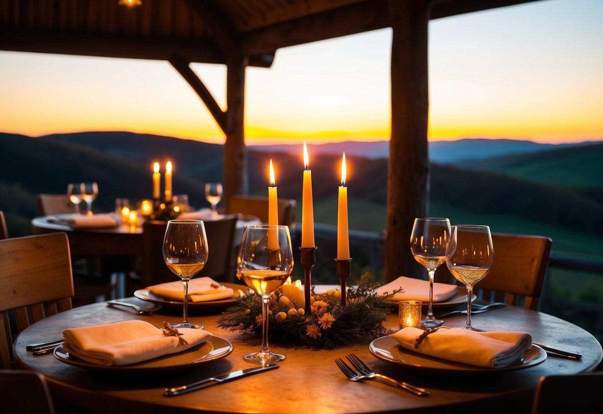 A cozy candlelit dinner at a rustic countryside restaurant, with a view of rolling hills and a golden sunset
