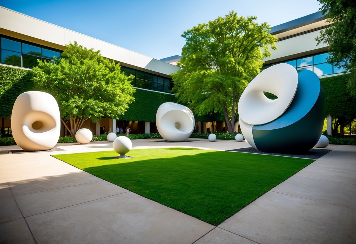 A sunny courtyard with large, abstract sculptures surrounded by lush greenery and modern architecture at the Nasher Sculpture Center in Dallas