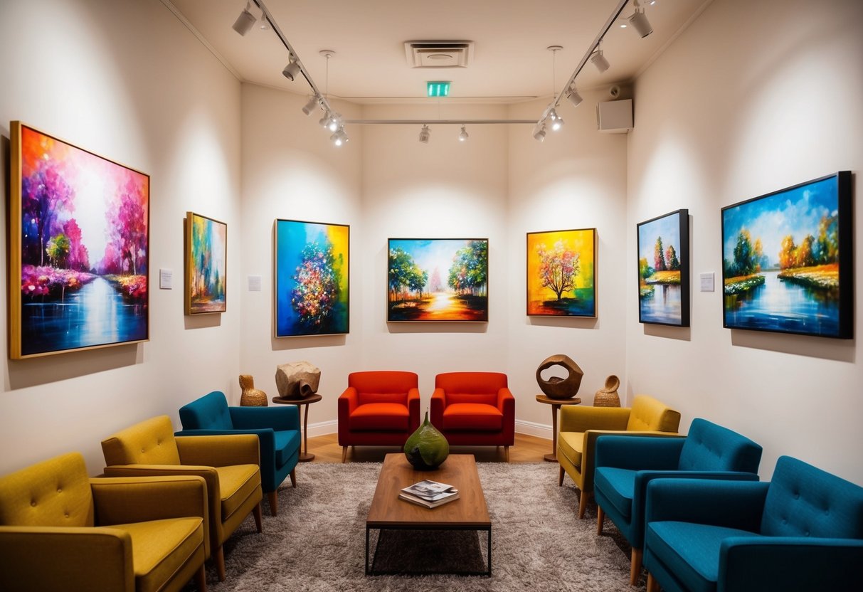 A cozy art gallery with colorful paintings and sculptures, soft lighting, and comfortable seating