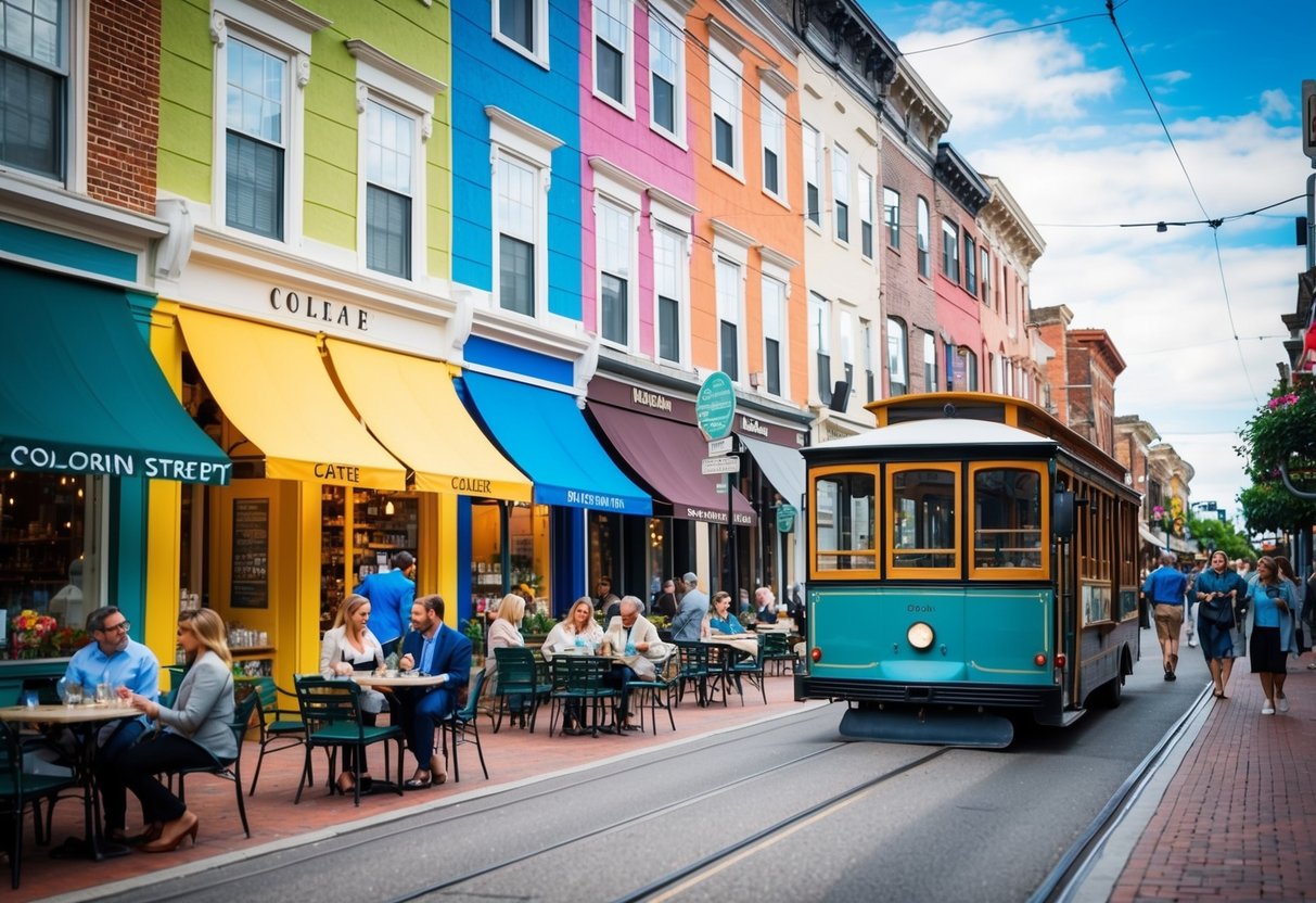 Colorful storefronts line a bustling street, with outdoor cafes and people strolling. A vintage trolley passes by, adding to the lively atmosphere