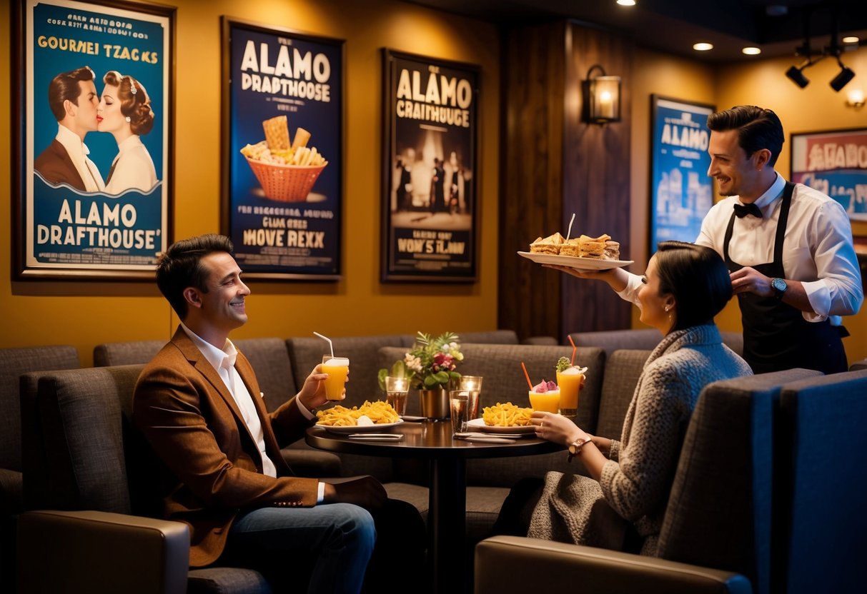 A couple sits in a cozy theater, surrounded by vintage movie posters. A waiter delivers gourmet snacks and drinks to their table as they enjoy a film at Alamo Drafthouse