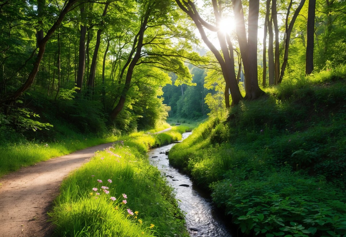 A winding trail through lush forest, with sunlight filtering through the trees. A small stream runs alongside, and wildflowers dot the path