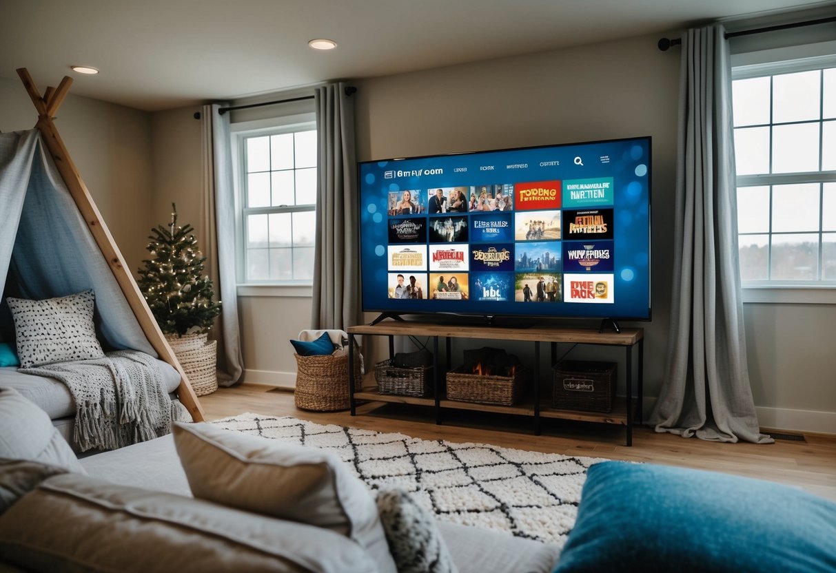 A cozy living room with a blanket fort, pillows, and a big screen TV showing a lineup of classic movie titles