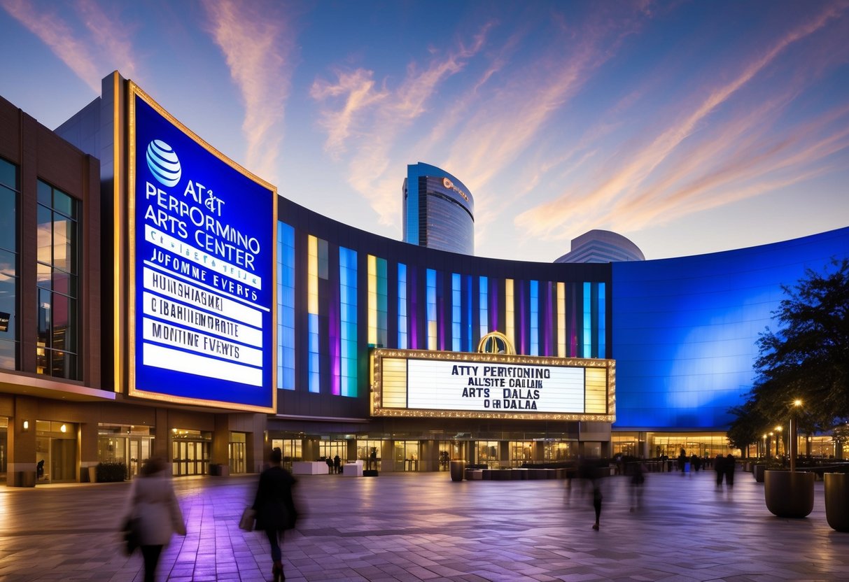 A bustling outdoor plaza with modern architecture, colorful lighting, and a large marquee displaying upcoming events at the AT&T Performing Arts Center in Dallas