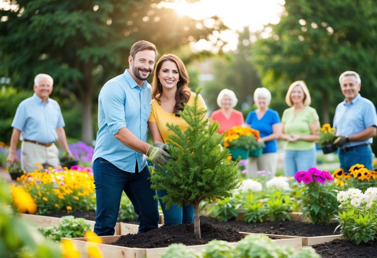 A couple planting trees together in a community garden, surrounded by colorful flowers and smiling neighbors