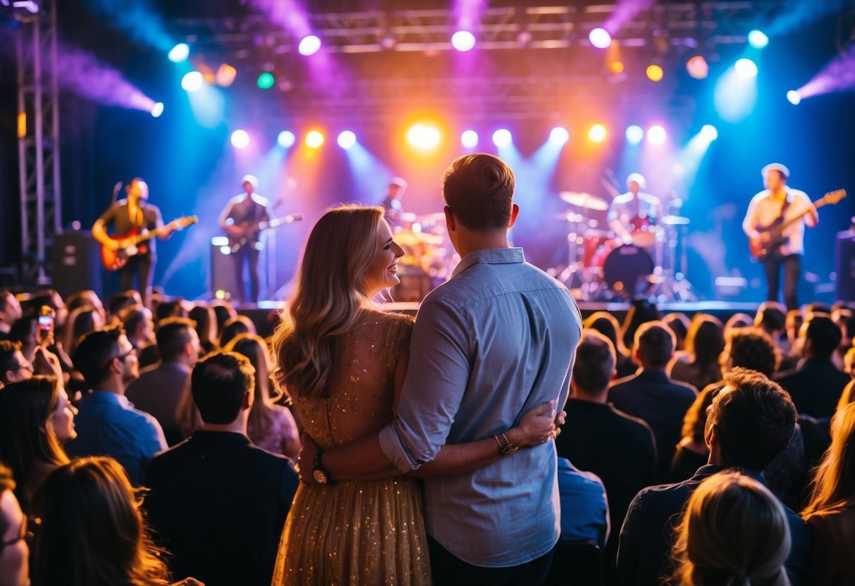 A couple sways in the crowd, surrounded by colorful lights and the sound of live music. A stage is set with musicians performing in front of an enthusiastic audience