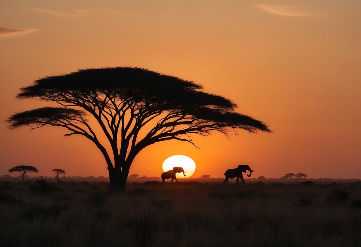 A sunset safari in the African savanna, with silhouettes of acacia trees and wildlife in the distance