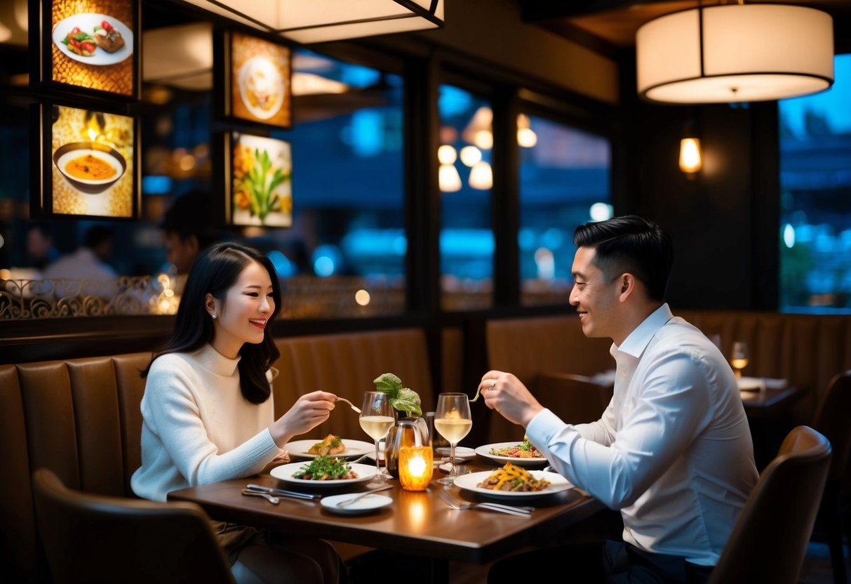A cozy restaurant with dim lighting and a variety of exotic dishes on the menu. A couple sits at a table, eagerly sampling new flavors
