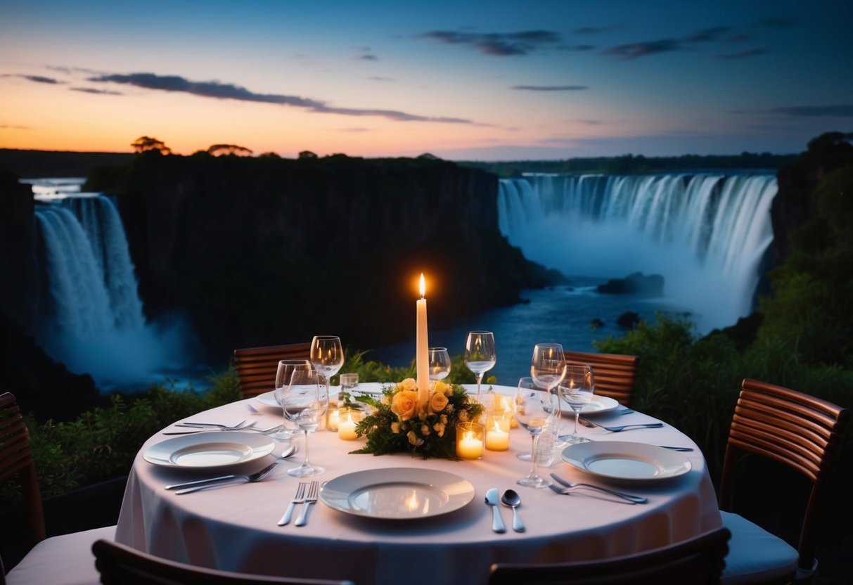 A candlelit dinner with a view of Victoria Falls, the water cascading down the cliffs under the night sky